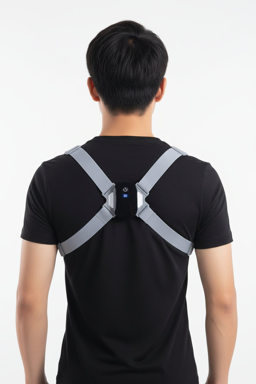 Gray harness with a black electronic device on a white background