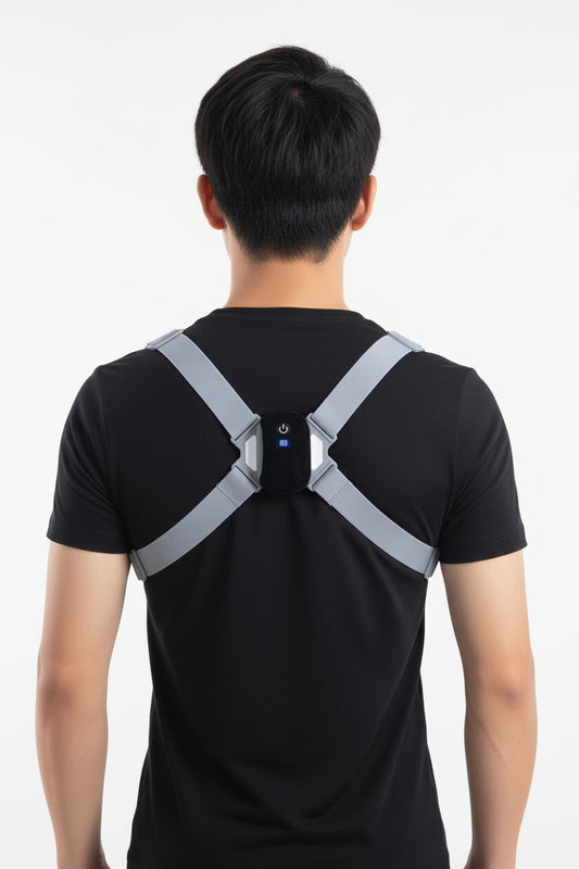 Gray harness with a black electronic device on a white background