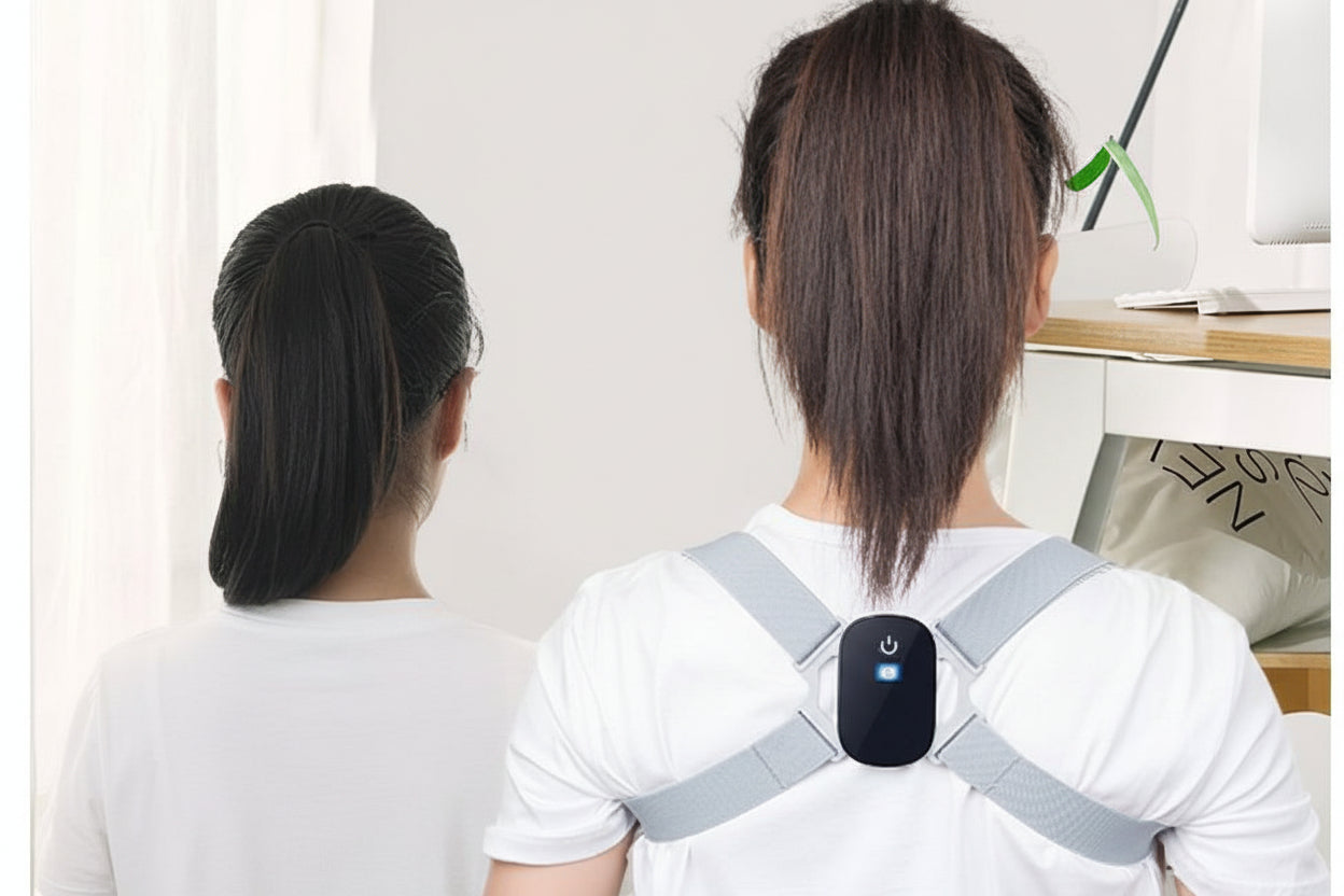 Two people wearing posture correctors with text promoting improved posture.